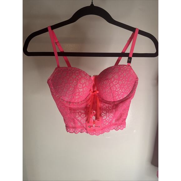 Victoria’s Secret Bra Demi Push-Up Longline Neon Pink Lace W/Zipper NWT Size 34C - Picture 1 of 10